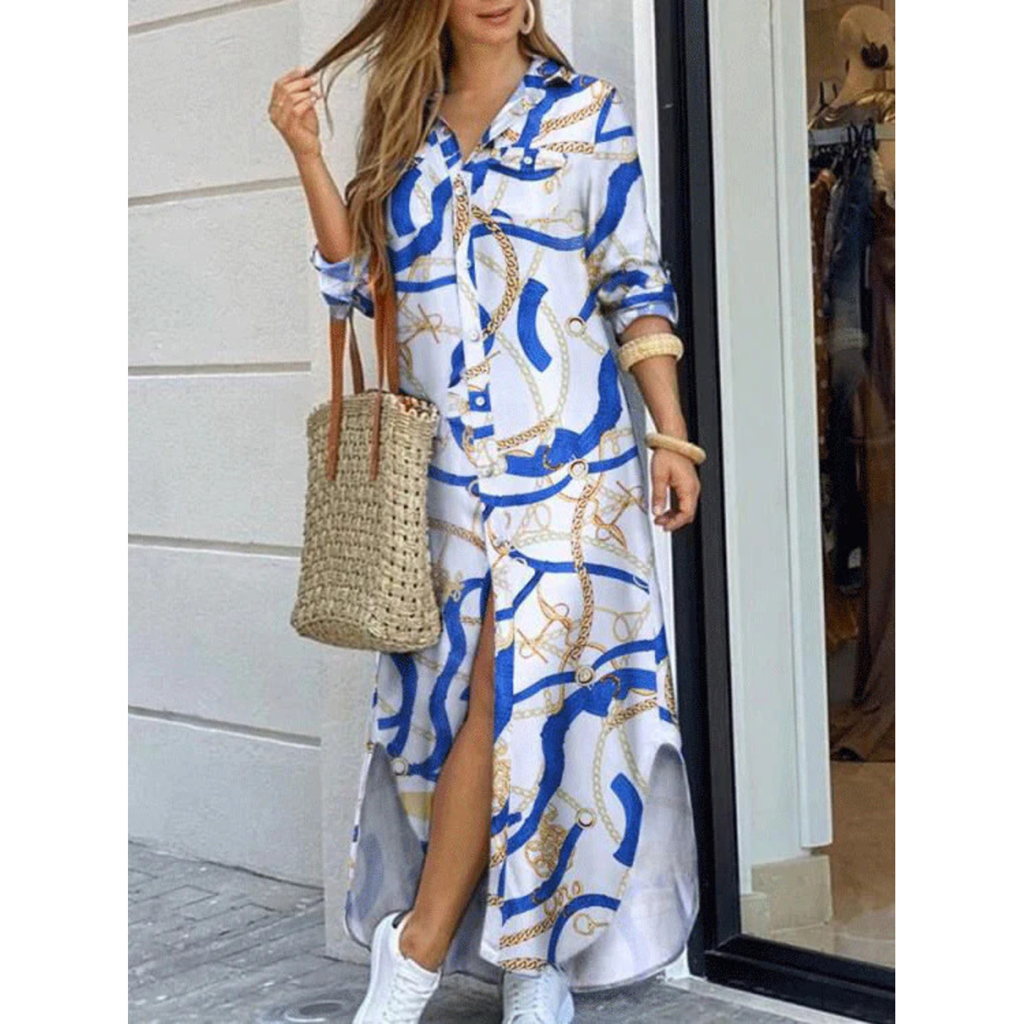 White Typographic Button Down Shirt Dress