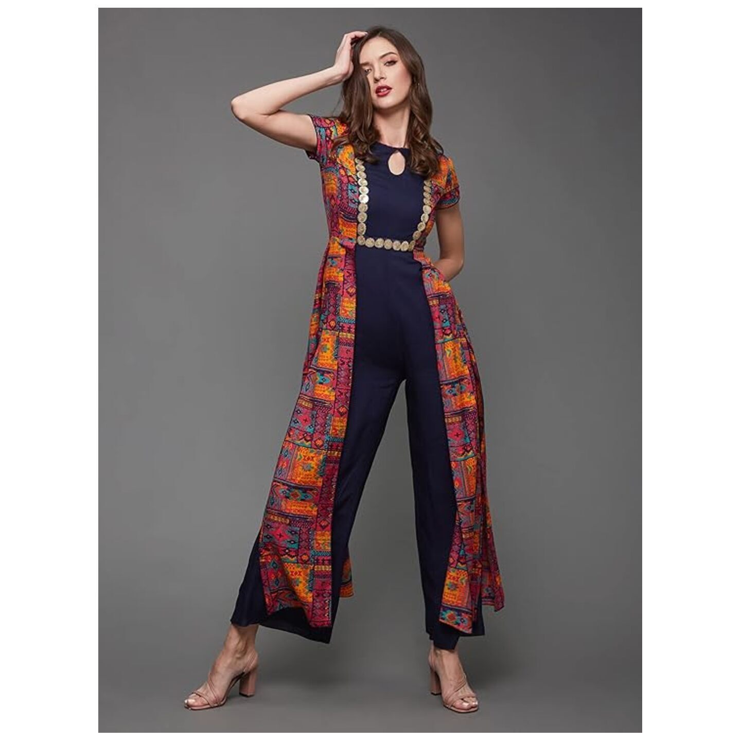 Miss Chase Women's Keyhole Neck Regular Sleeve Regular Length Jumpsuit with Pockets 