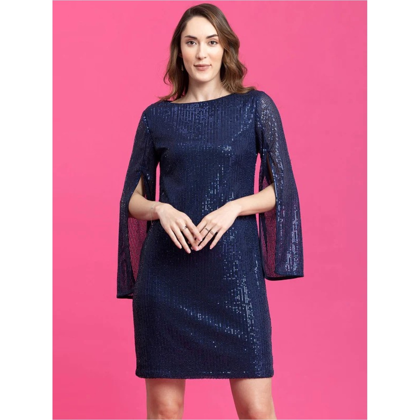 Sequin Slit Sleeves Shift Dress - Navy Blue