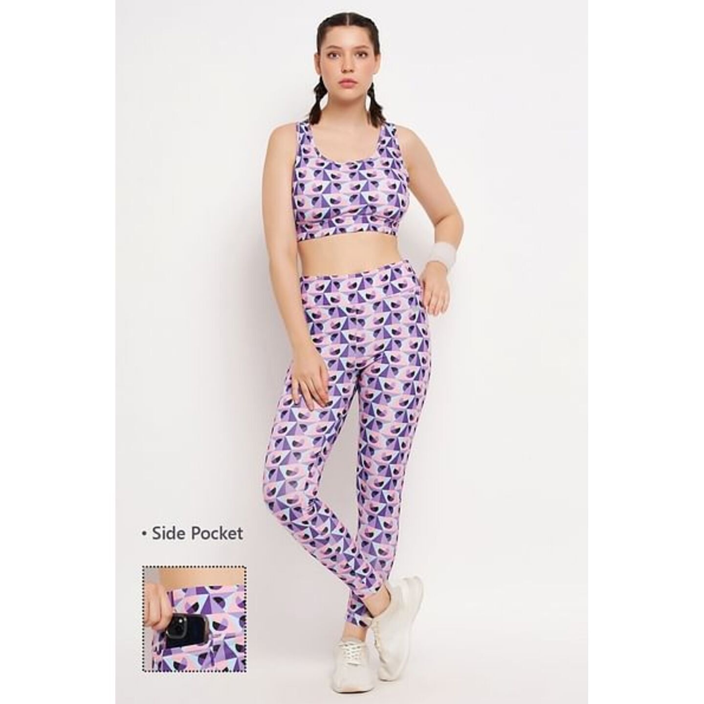 Medium Impact Padded Printed Active Sports Bra & High Rise Active Tights with Side Pocket in Purple 