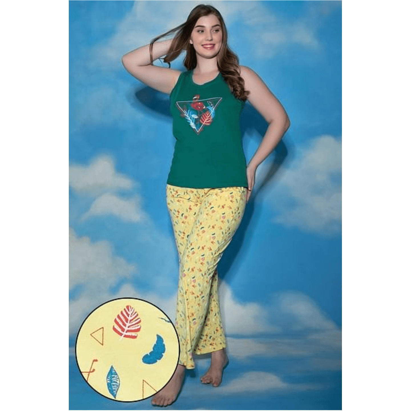 Flamingo Print Top & Pyjama Set in Green & Yellow - 100% Cotton