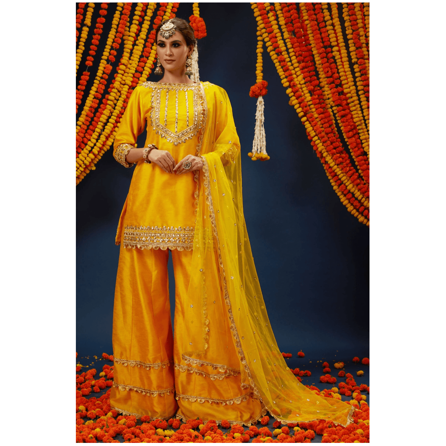 Pritee S Kapoor Yellow Round Neck Kurta Sharara Set