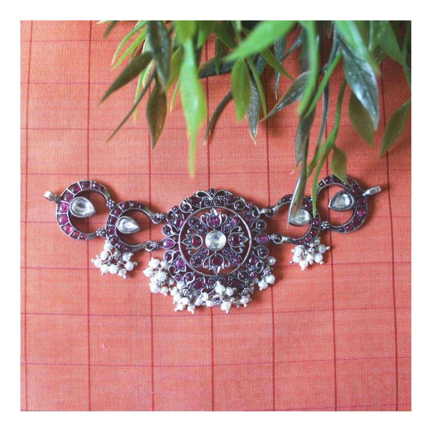 Sterling Silver Choker with Flower Motif and Pink and White Stones