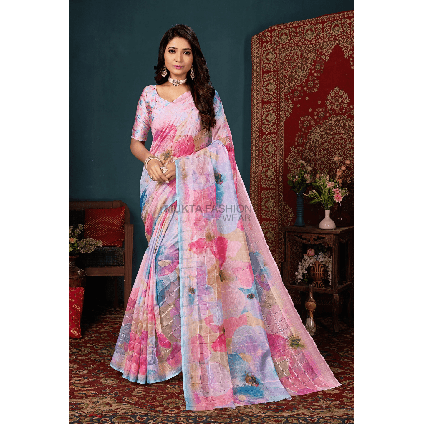 Mukta Fashion Wear® Rainbow Chex Jacquard Saree