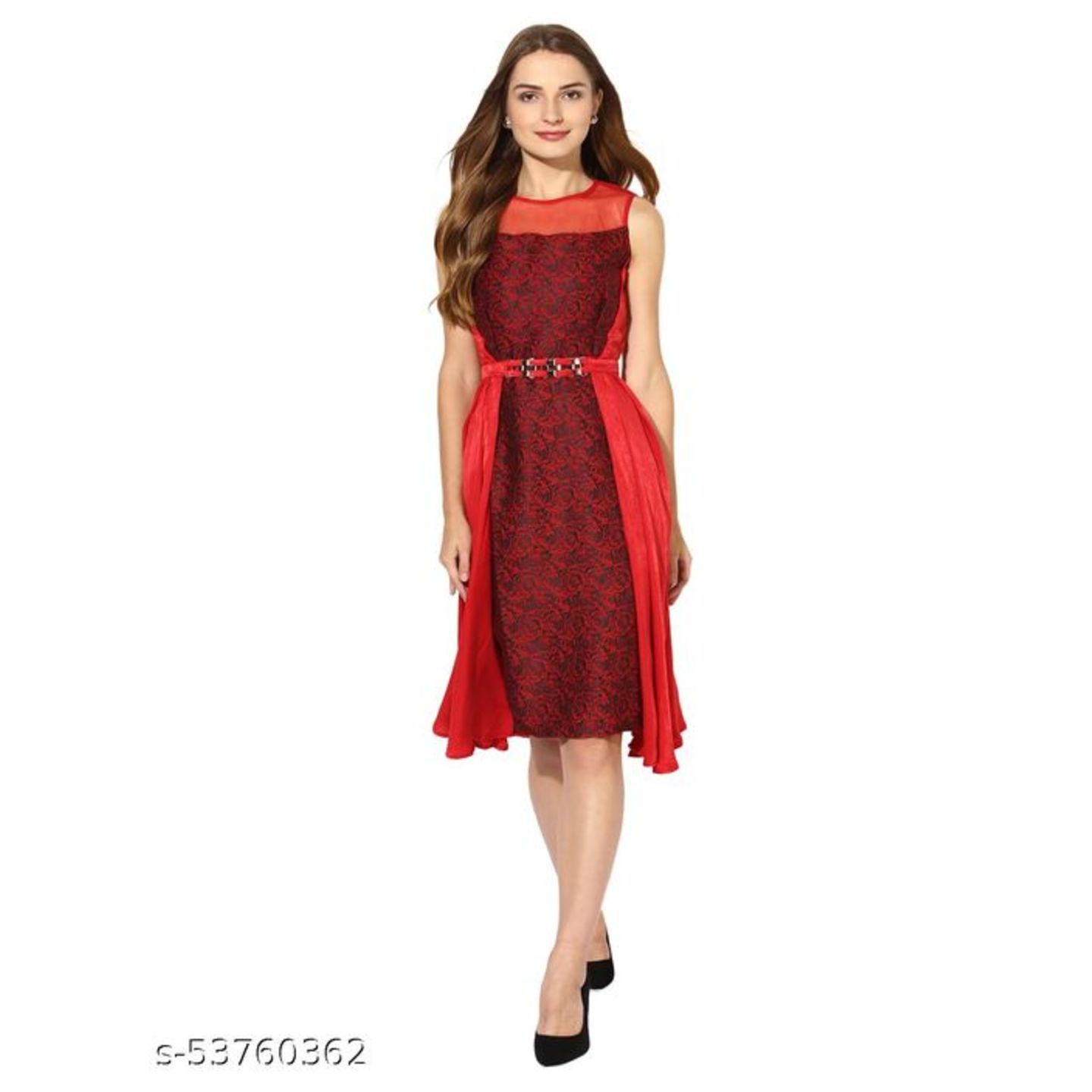 SOIE Women`s JACQARD AND SOILD PARTY DRESS WITH GOLDEN BELT