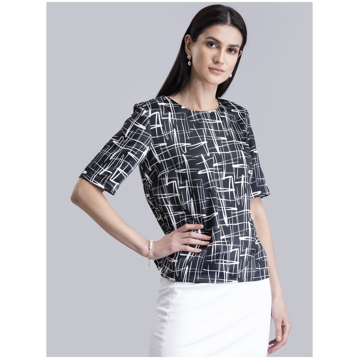 Satin Abstract Print Top - Black and White