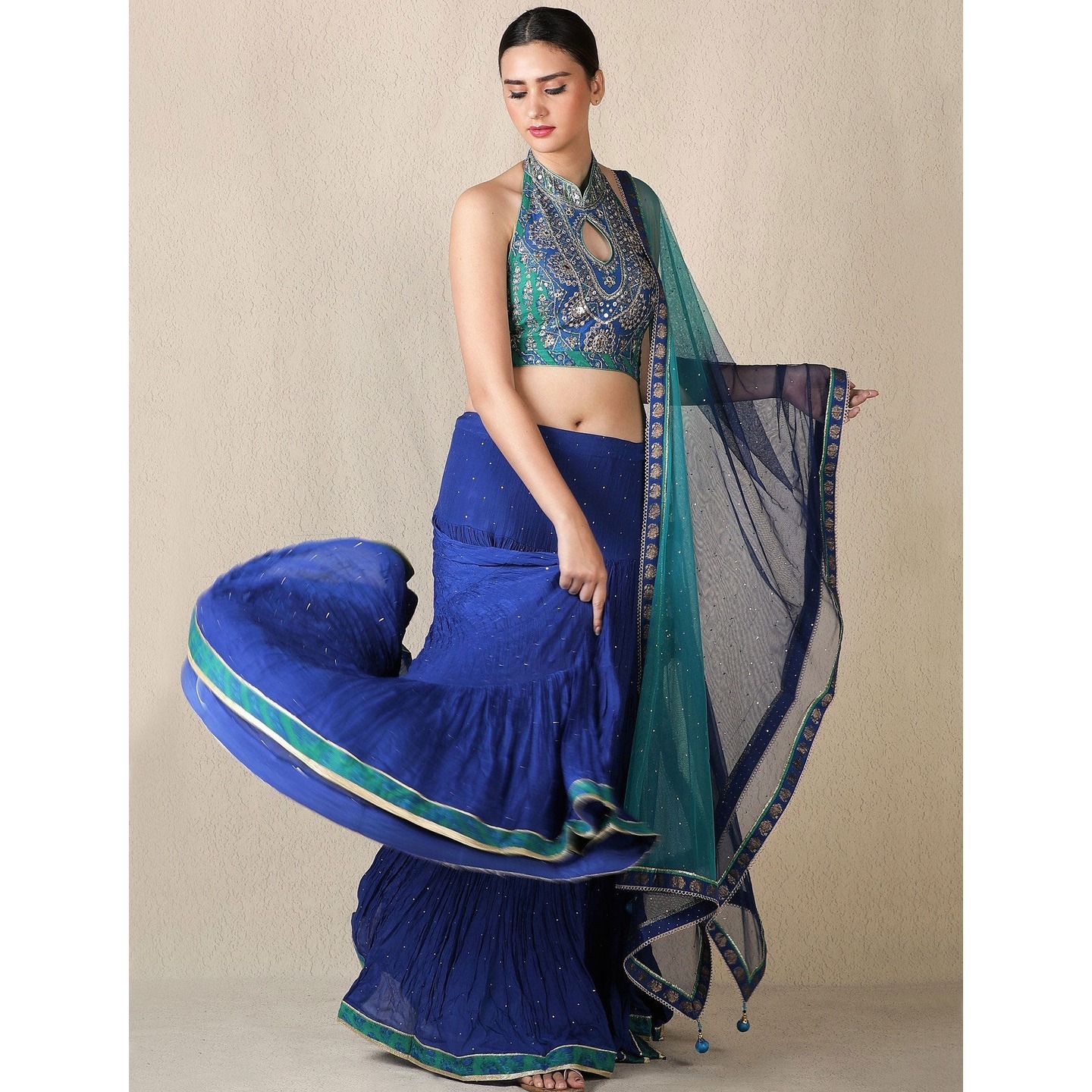 Royal Blue & Jade Cheepa Embroidered Lehenga Set