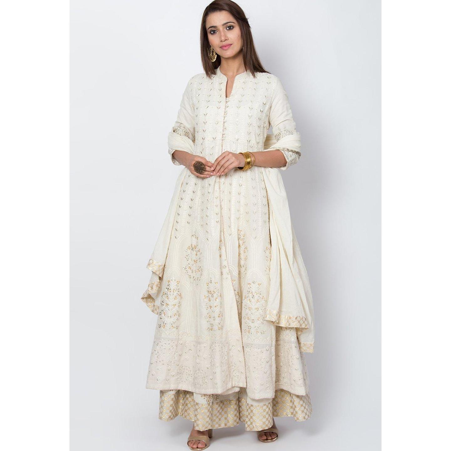 Off White Cotton Anarkali Suit Set