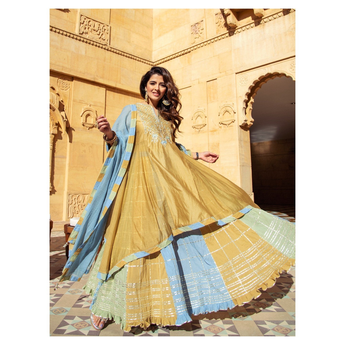 Radhika Apte in a Beige Embroidered Chanderi Suit Set