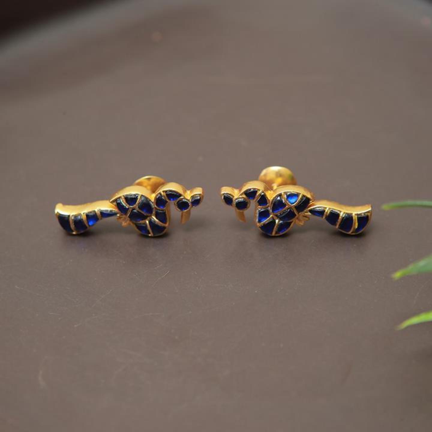 Gold Dipped Peacock Earrings in Blue Stones