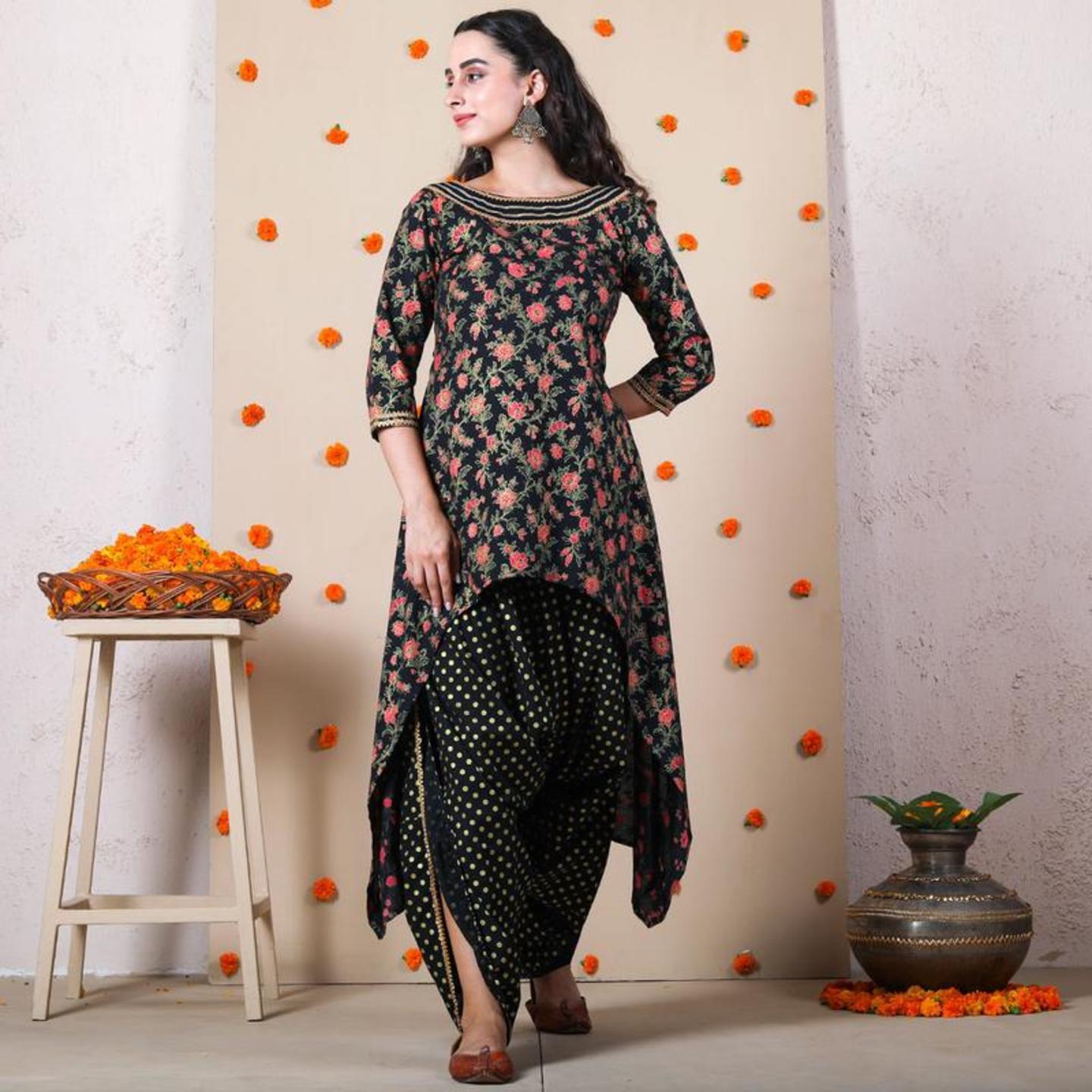 Black Polka Print Dhoti & Floral Asymmetric Kurta with Gota Details