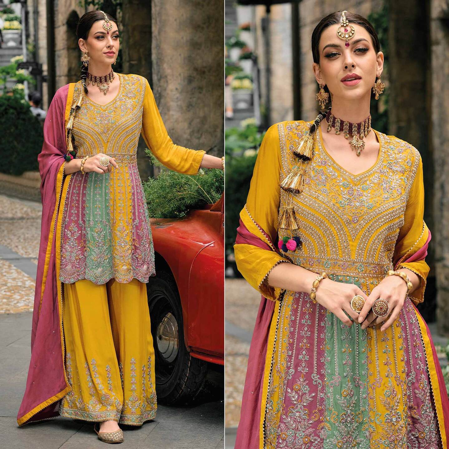 Yellow Embroidered Chinon Semi Stitched Sharara Suit  Size- Semi- Stitched