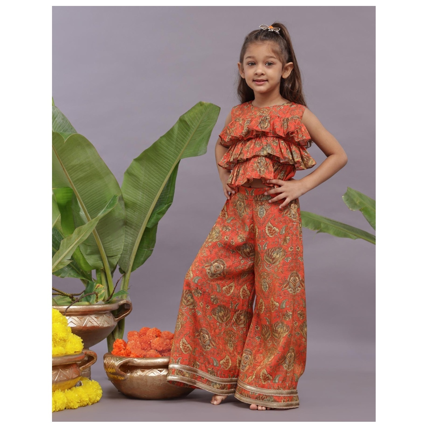 Banarasi Jacquard Printed Layered Top And Garara In Orange 