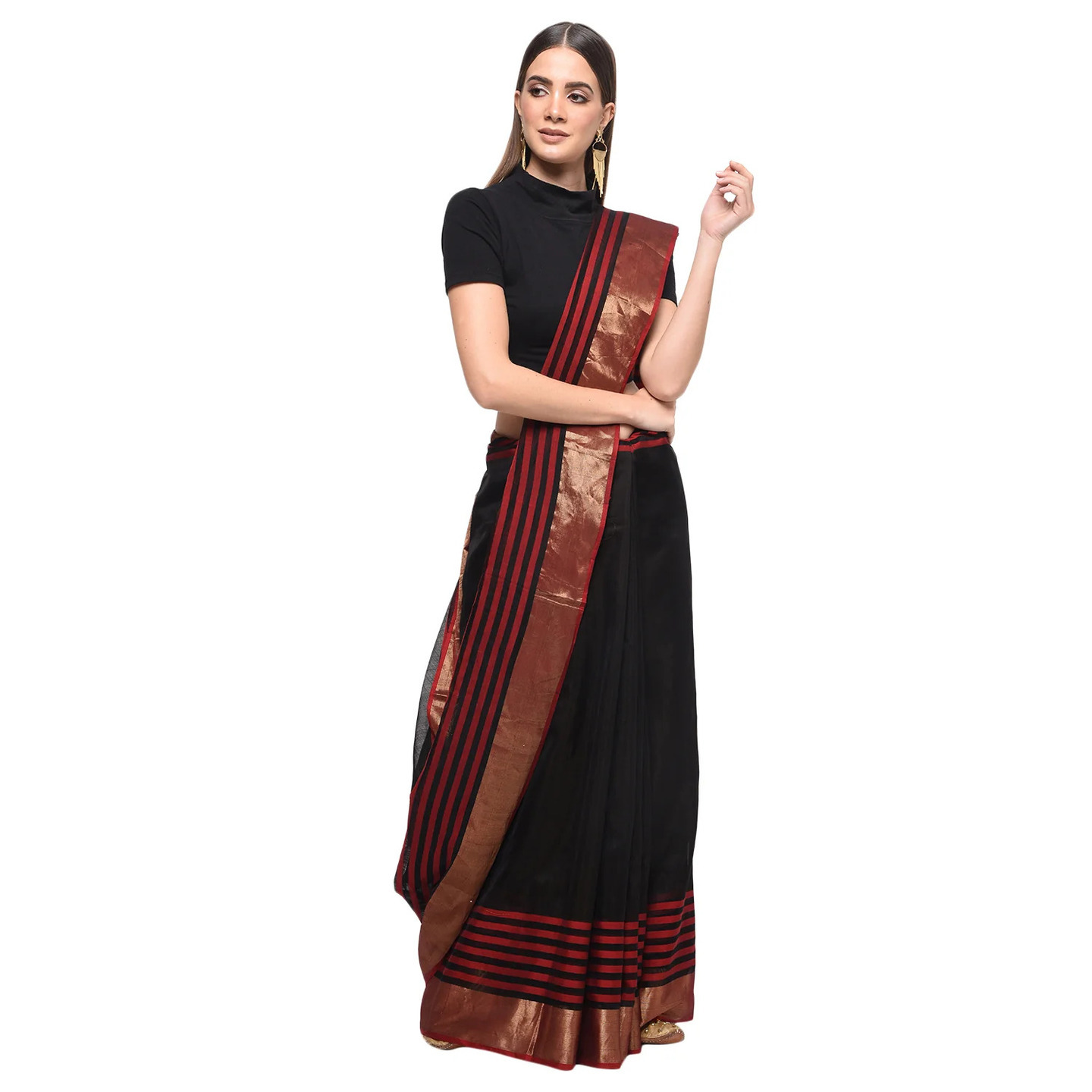Women's Black Handwoven Cotton Silk Chanderi Saree - Fuchsia Designs 