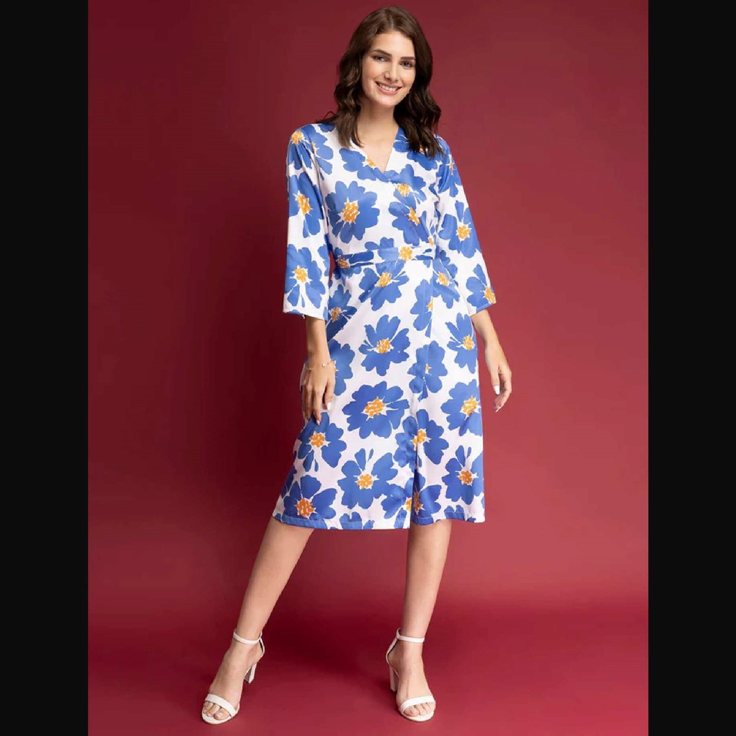 Satin Floral Print Shirt Dress - Blue And White 