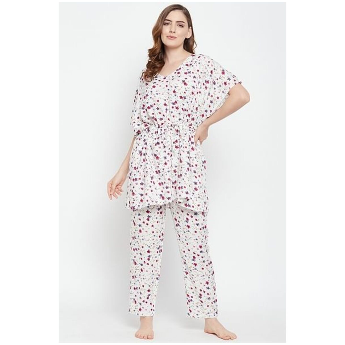 Pretty Florals Kaftan Top & Pyjama Set in White - Rayon 