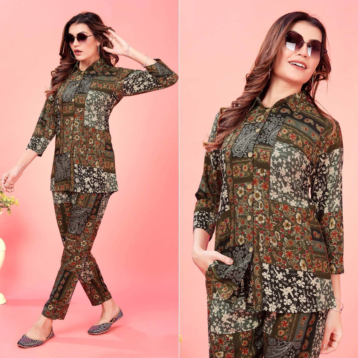 Brown Floral Printed Rayon Co-Ord Set