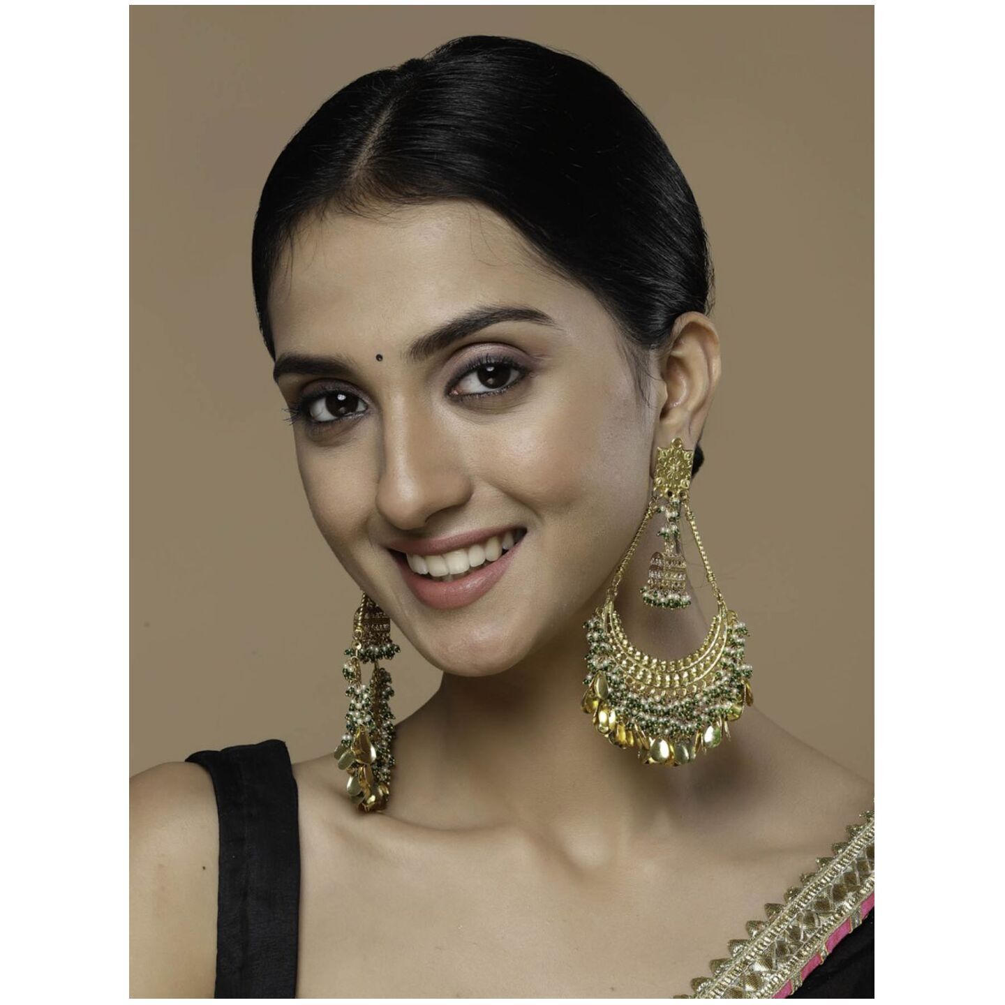 Gold & Green Chand Bala Earring With Pearls & Natural Stones 