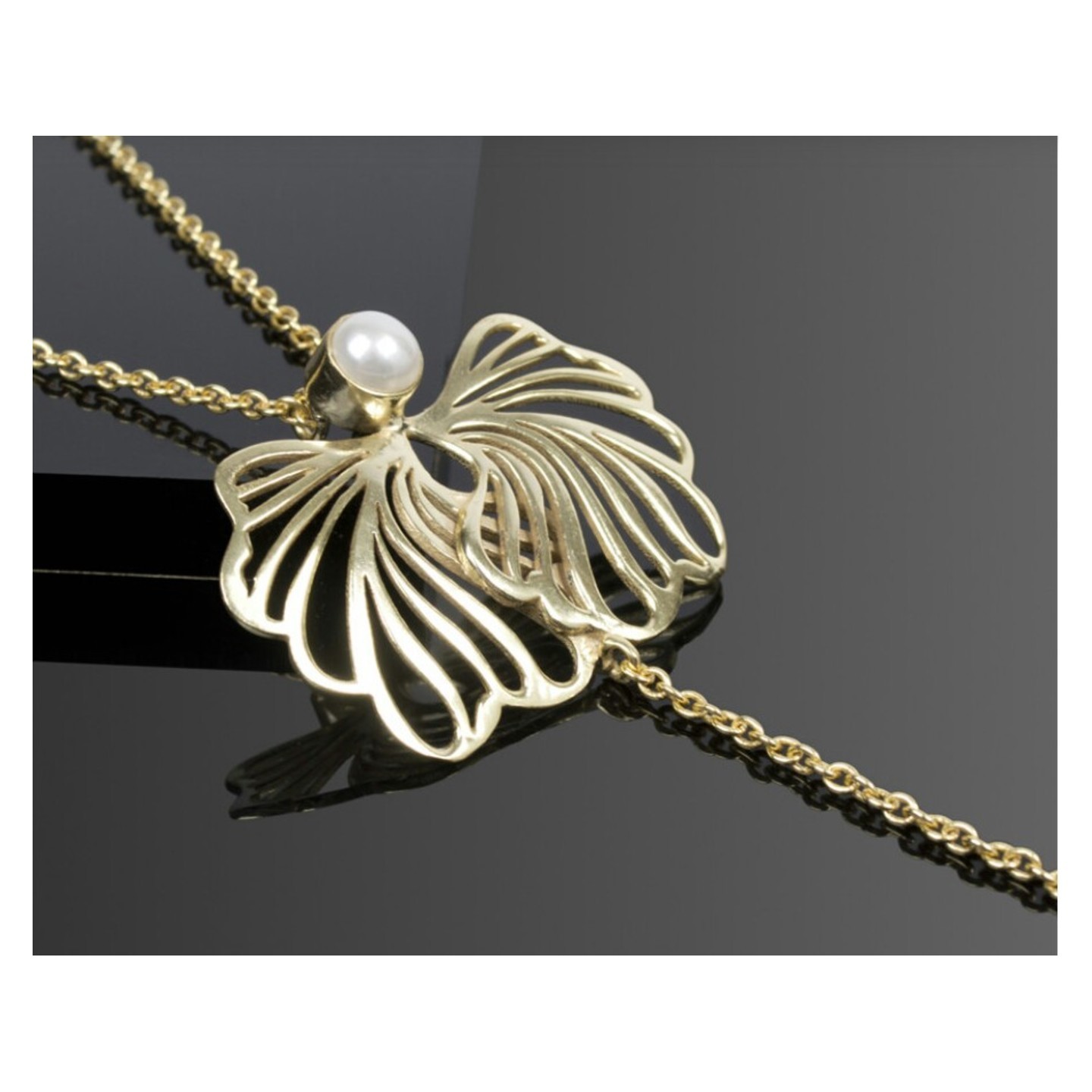 Handcrafted Fretwork Petal & Pearl Necklace -Yellow Gold Colour