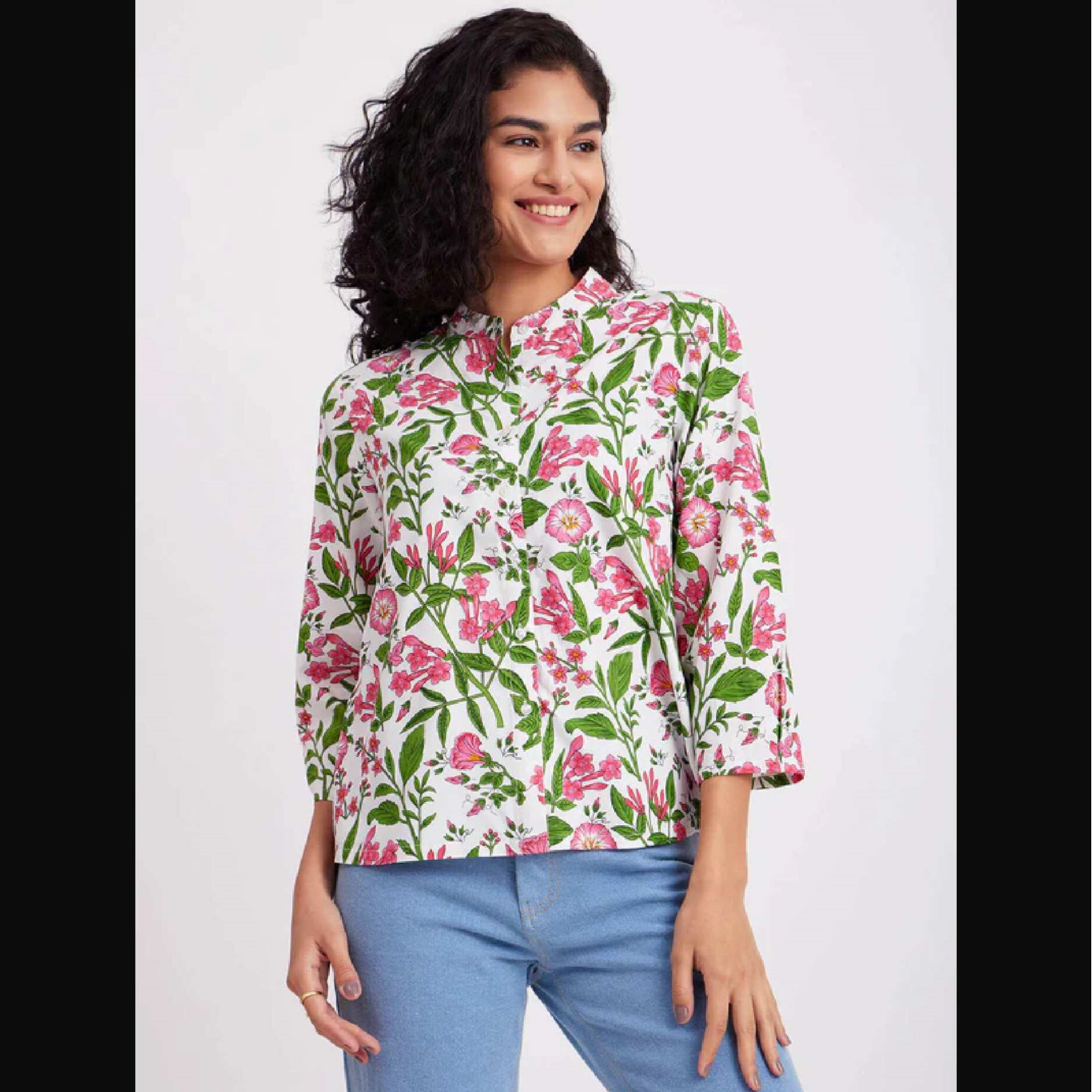 Floral Mandarin Collar Top - White And Pink