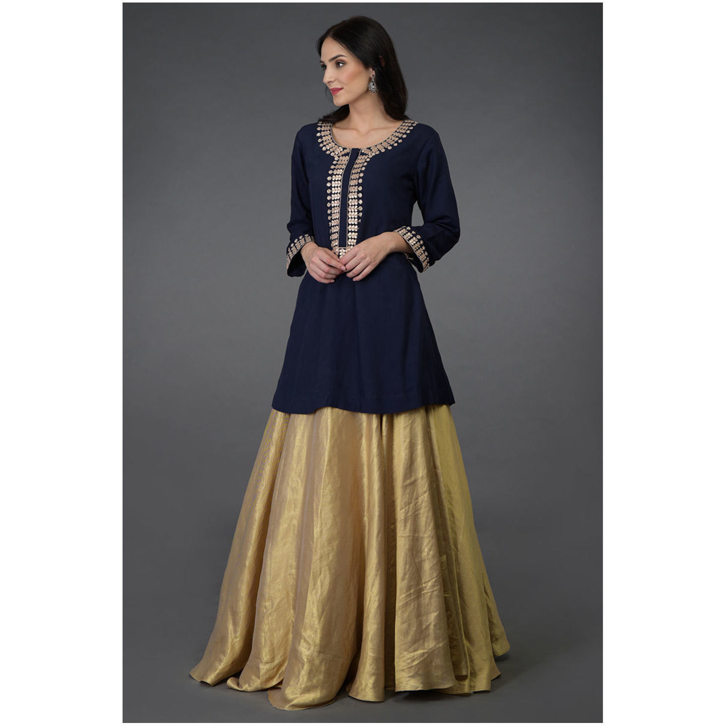 Navy Blue Gota Patti Crystal & Dabka Work Top With Skirt