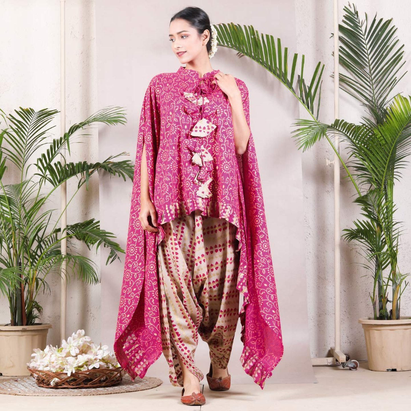 Magenta & Beige Dhoti Cape Set with Tassel Details