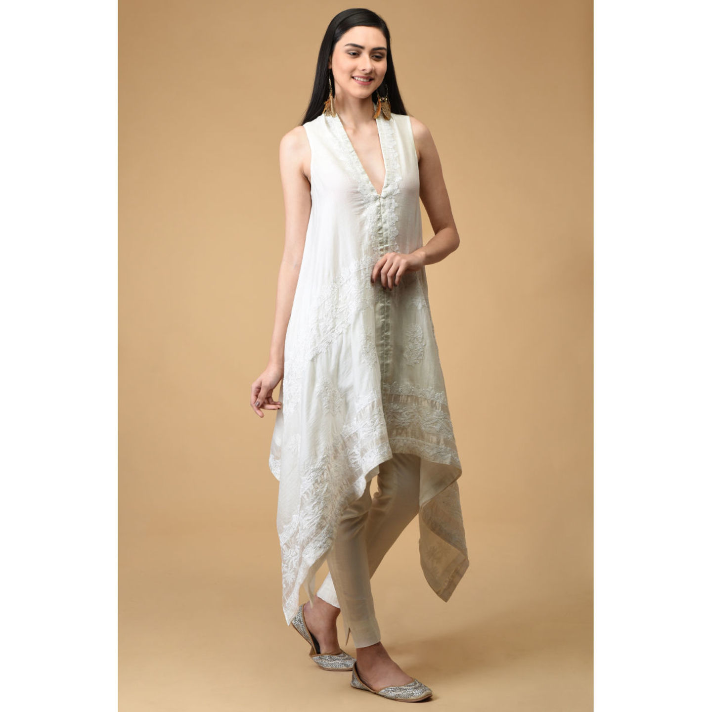 Ivory Chikankari Hand Embroidered High-Low Tunic Kurta,Kurta Length Front at High Point- 55 inches/ Kurta Length Front at Low Point- 37 inches/ Kurta Back Length- 33