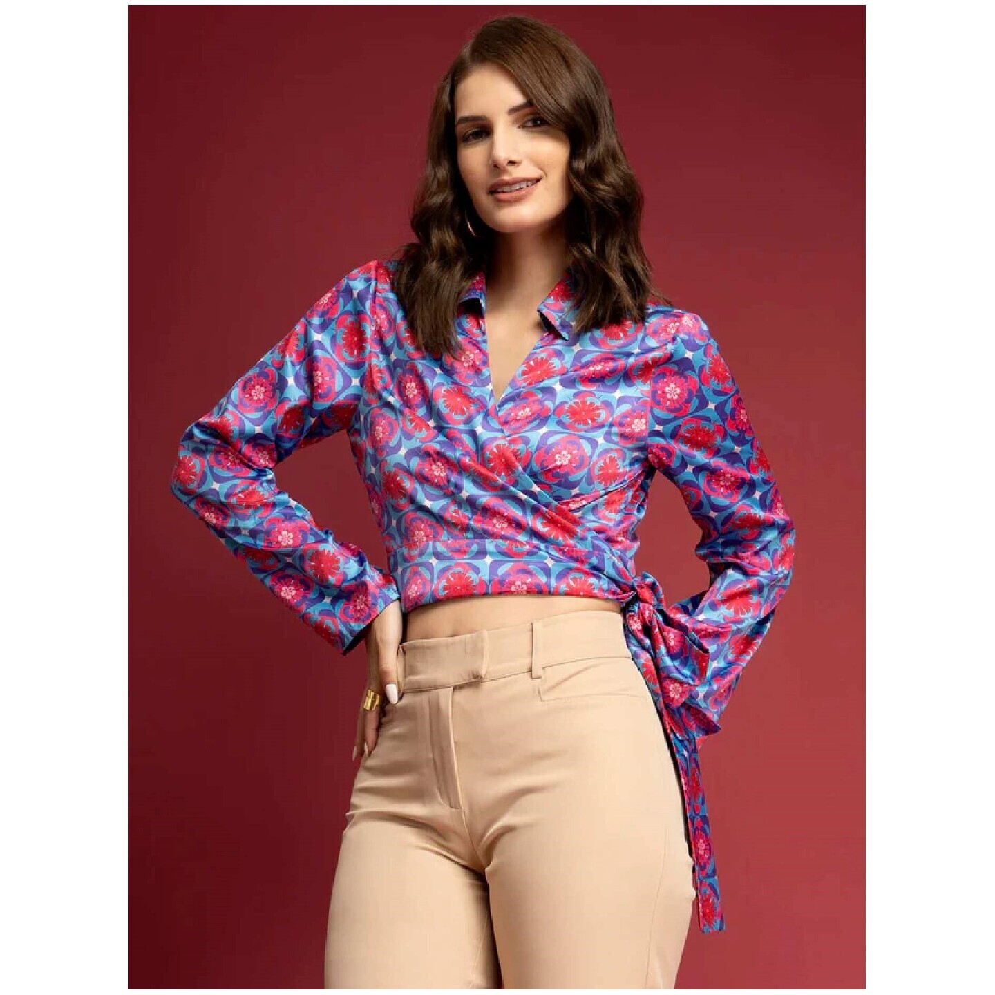 Satin Geometric Print Top - Blue And Fuchsia