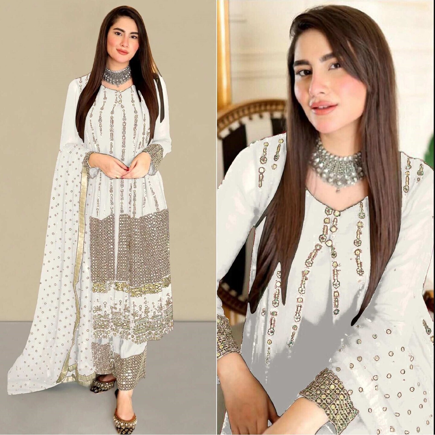 White Sequins Embroidered Georgette Pakistani Suit  Size- Semi-Stitched 