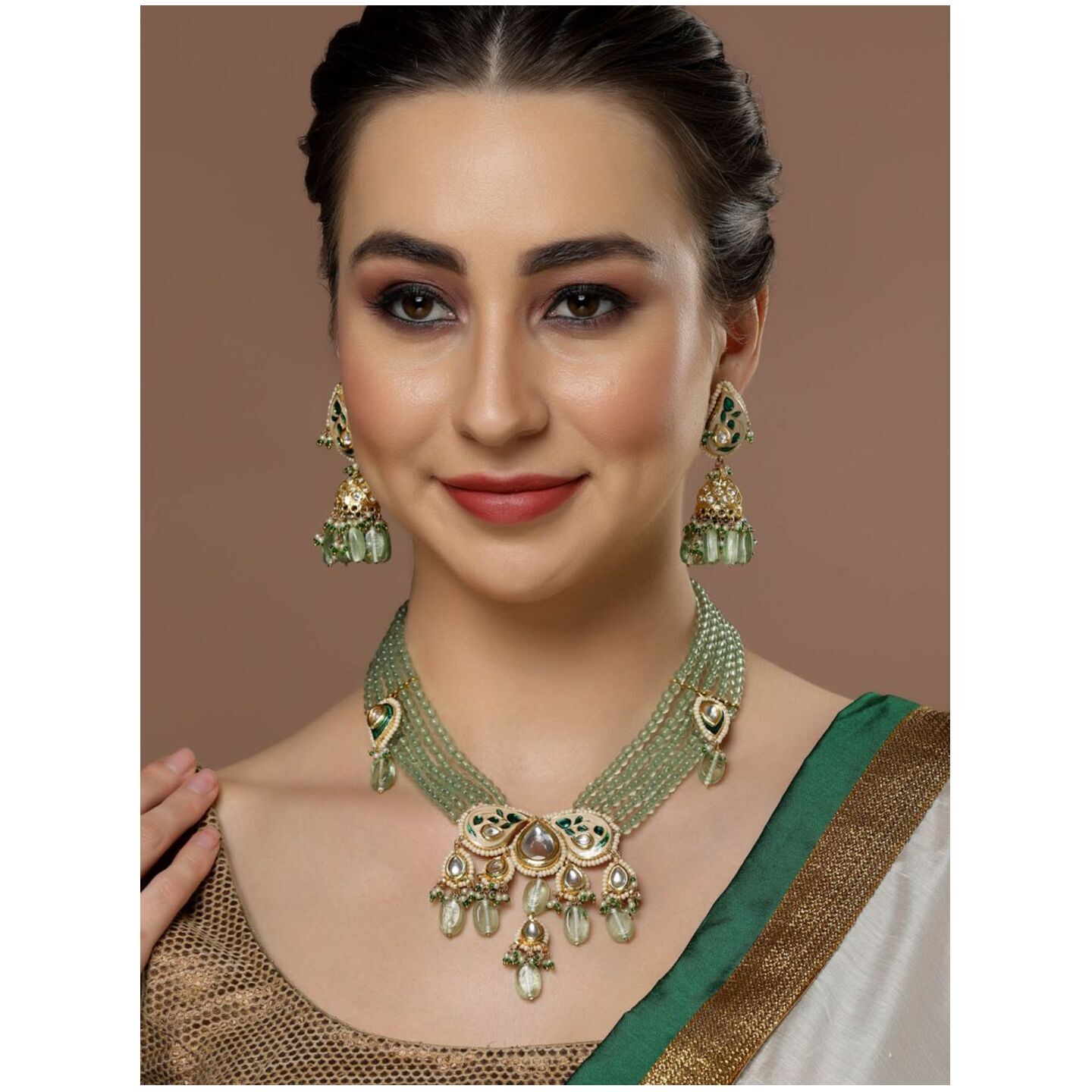Green & Peach Necklace With Earring Jewellery Set With Kundan & Pearls 