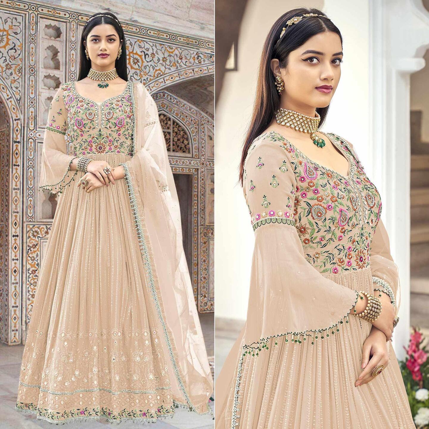 Beige Embroidered With Embellished Georgette Anarkali Style Gown  Size- Semi Stitched