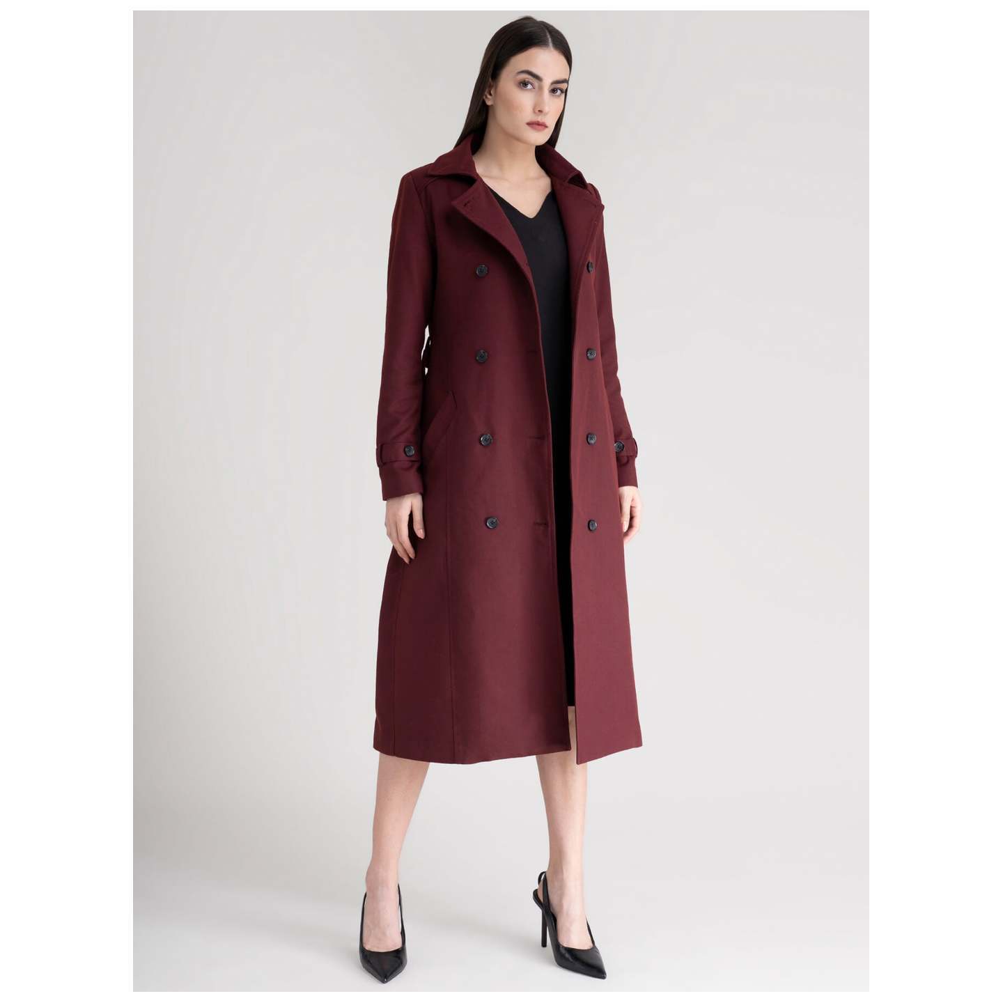 Double-Breasted Longline Trench Coat - Maroon