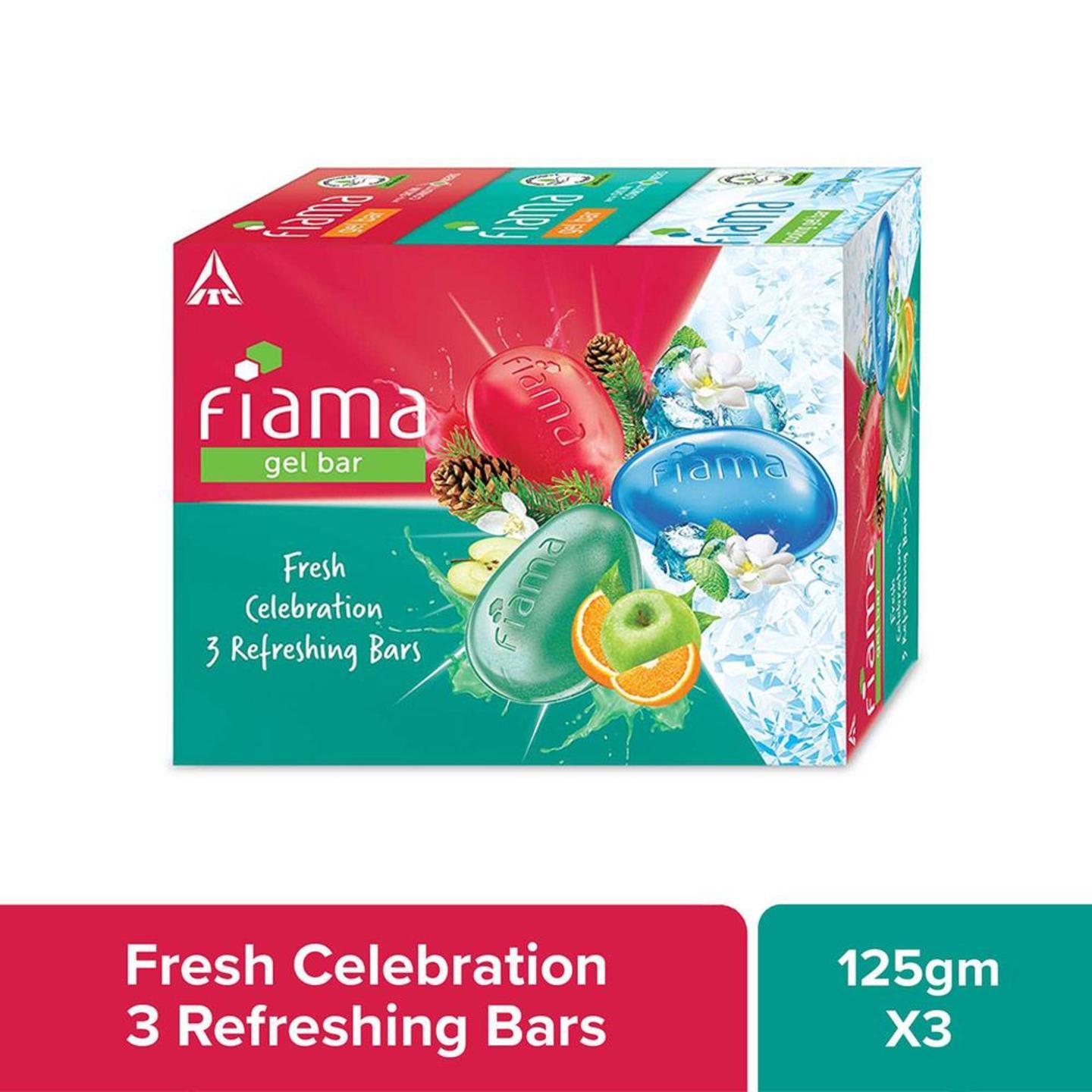 Fiama Gel Bathing Bar Fresh Celebration pack, with 3 unique gel bars, with skin conditioners for moisturized skin, 125g soap (Pack of 3)