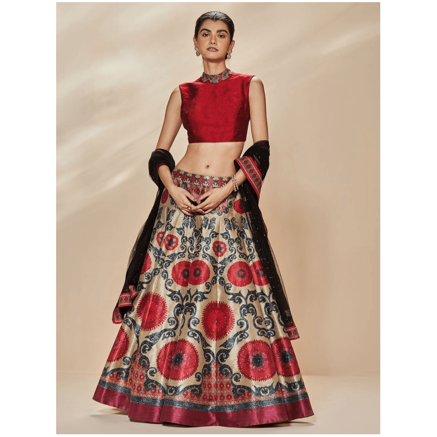 Beige & Burgundy Mahek Embroidered Lehenga Set