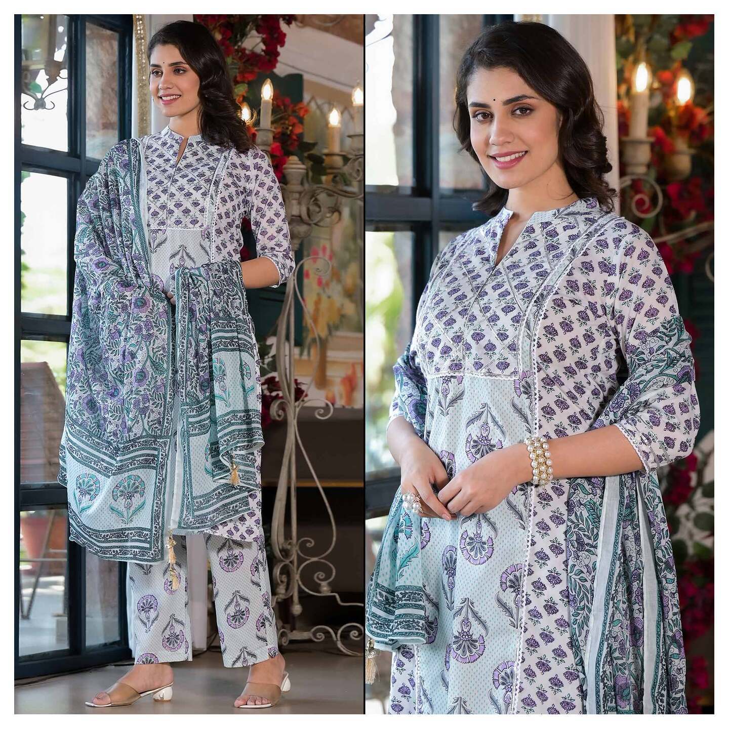 White & Purple Floral Printed Pure Cotton Salwar Suit 