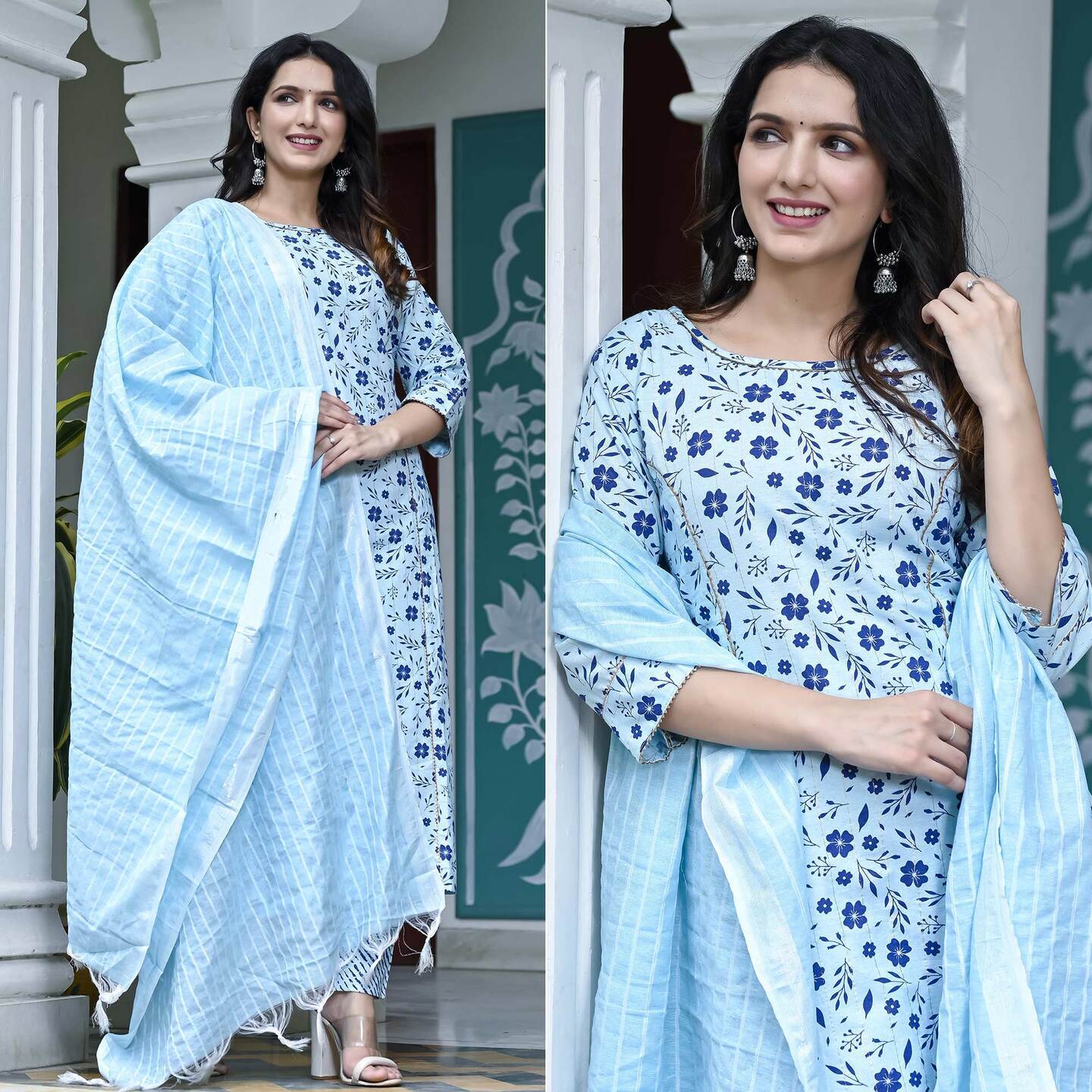 Light Blue Floral Printed Pure Cotton Suit 