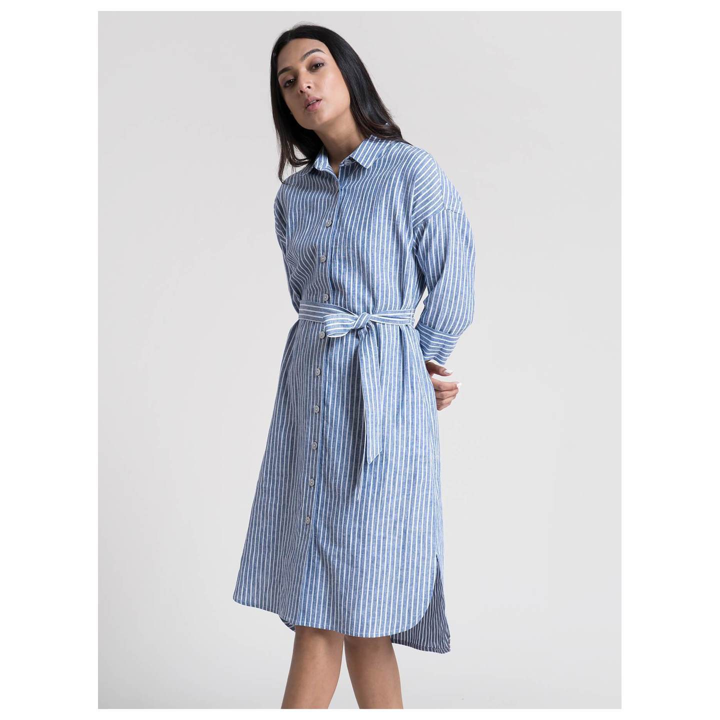 Cotton High Low Shirt Dress - Blue Stripes