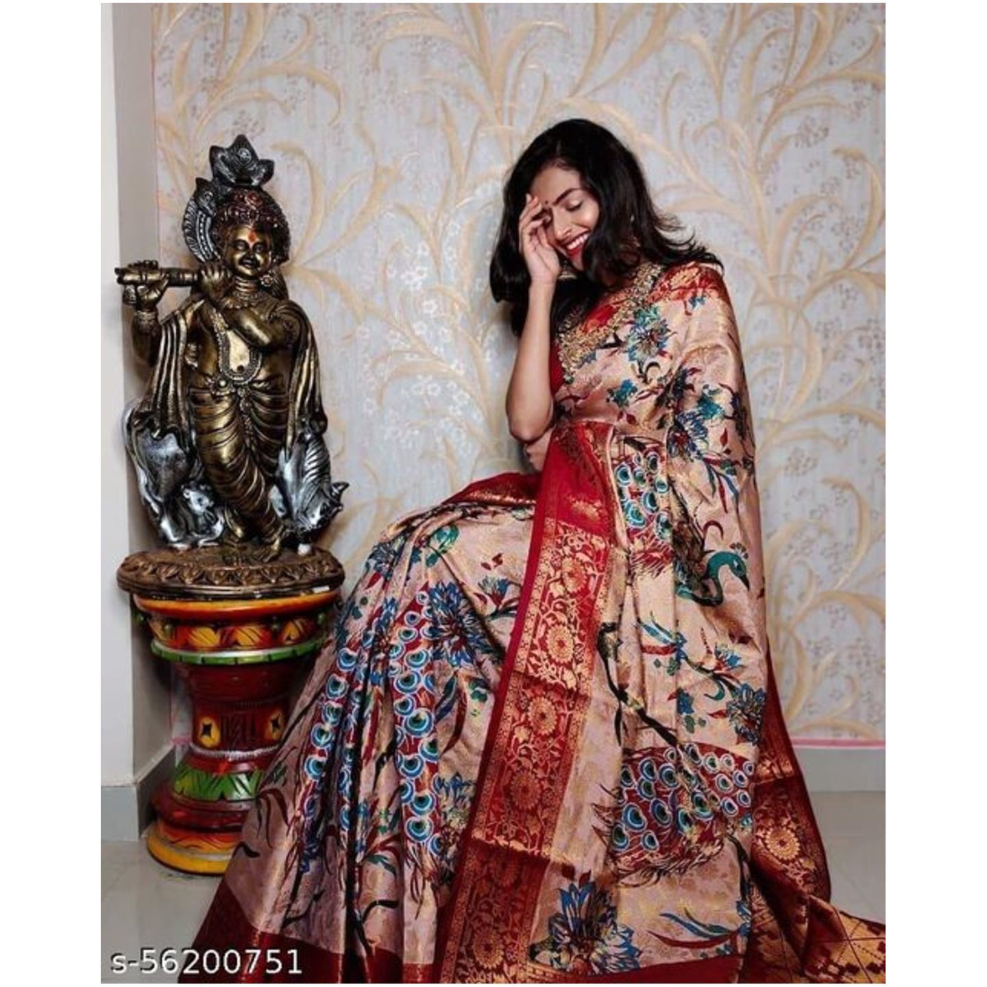 Banarasi Gayatri silk sarees with digital kalamkari printing saree and multicolor borders