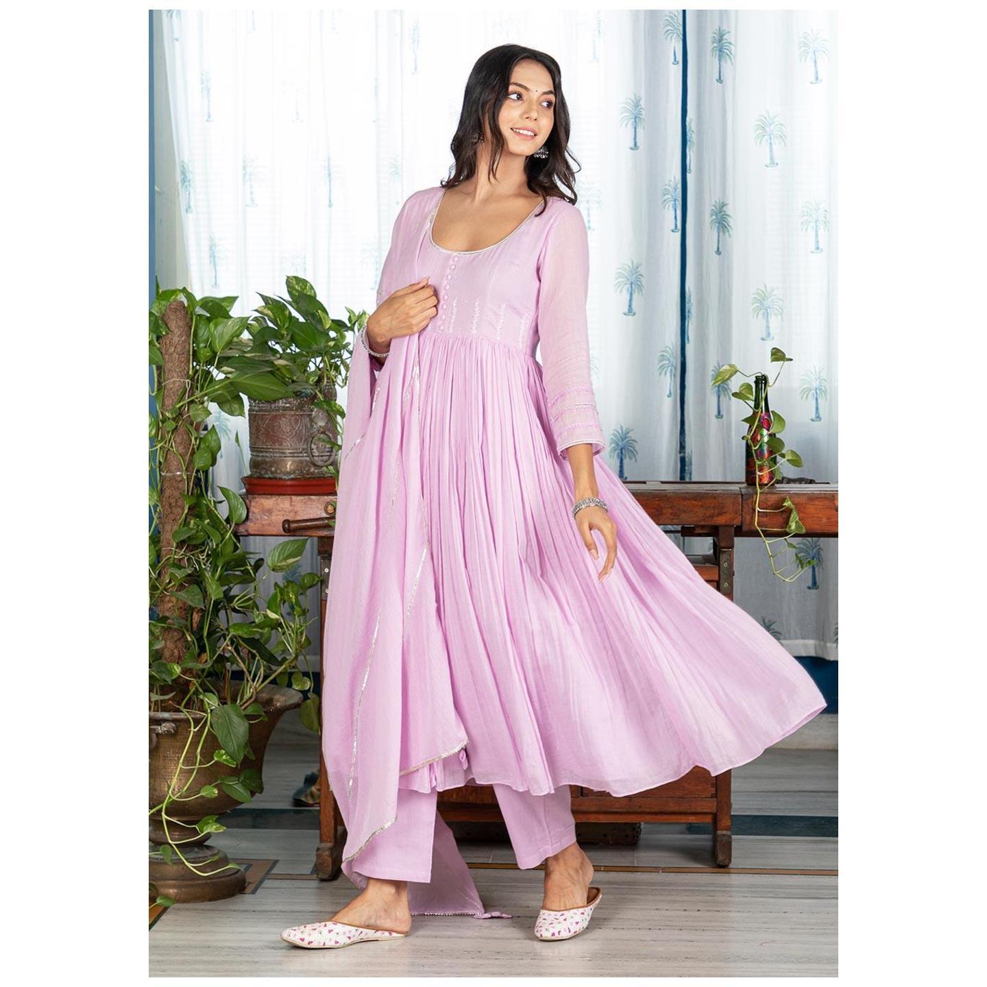 MOH Lilac Gathered Anarkali Set (Set Of 3)