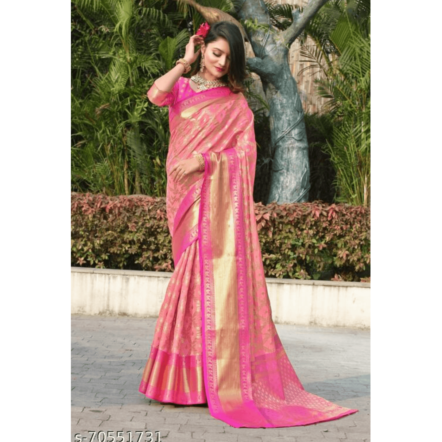 Fitcask® Women's Banarasi Silk Saree With Blouse Piece:- Pink