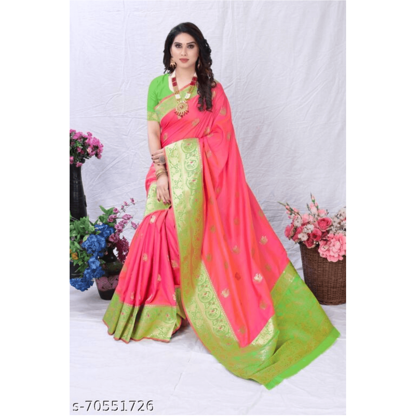 Fitcask® Women's Banarasi Silk Saree With Blouse Piece:- Pink