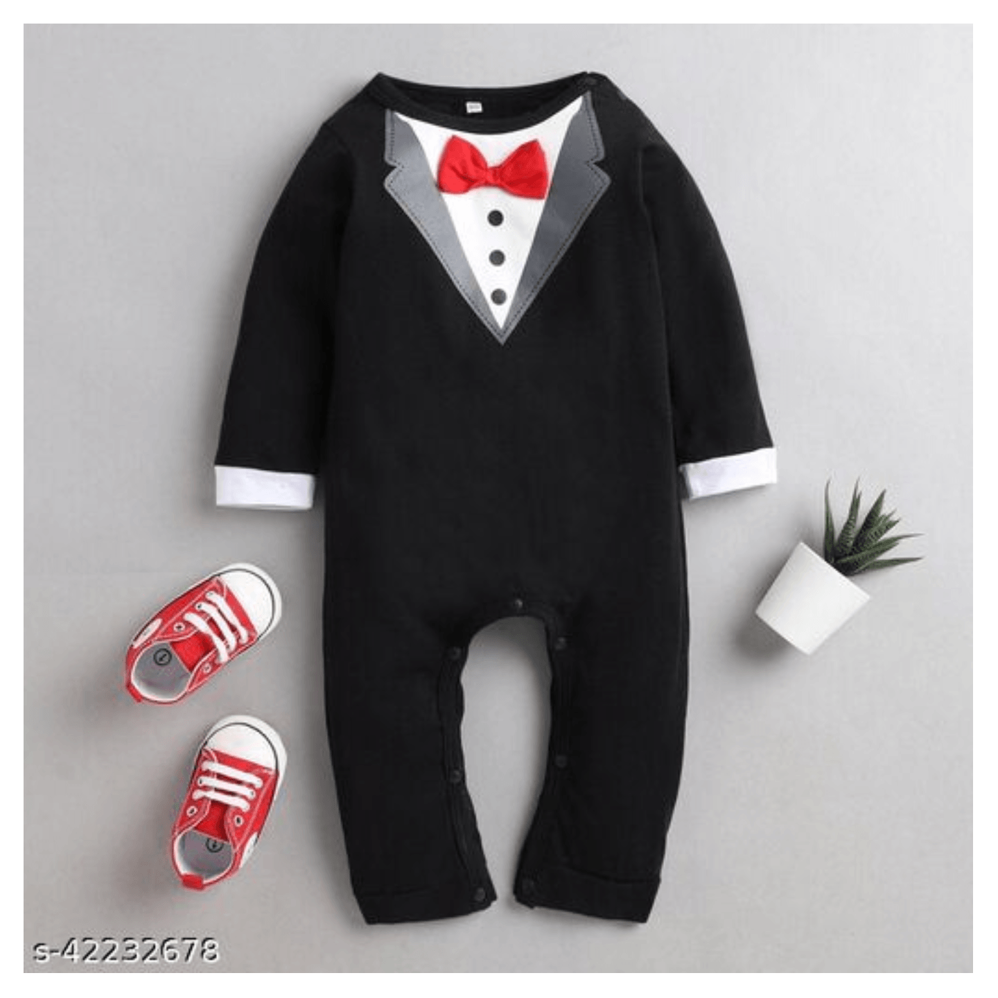 Hopscotch Boys Cotton Solid Bow Applique Romper in Black Color (740079