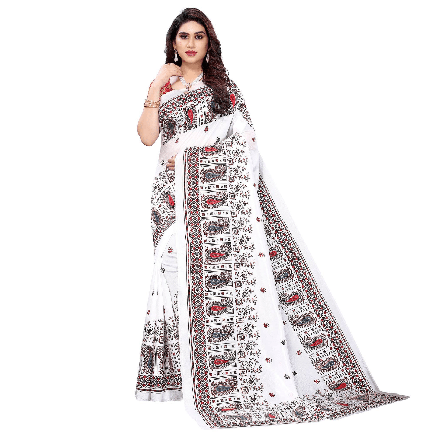 White Festive Wear Printed Cotton Silk Saree 