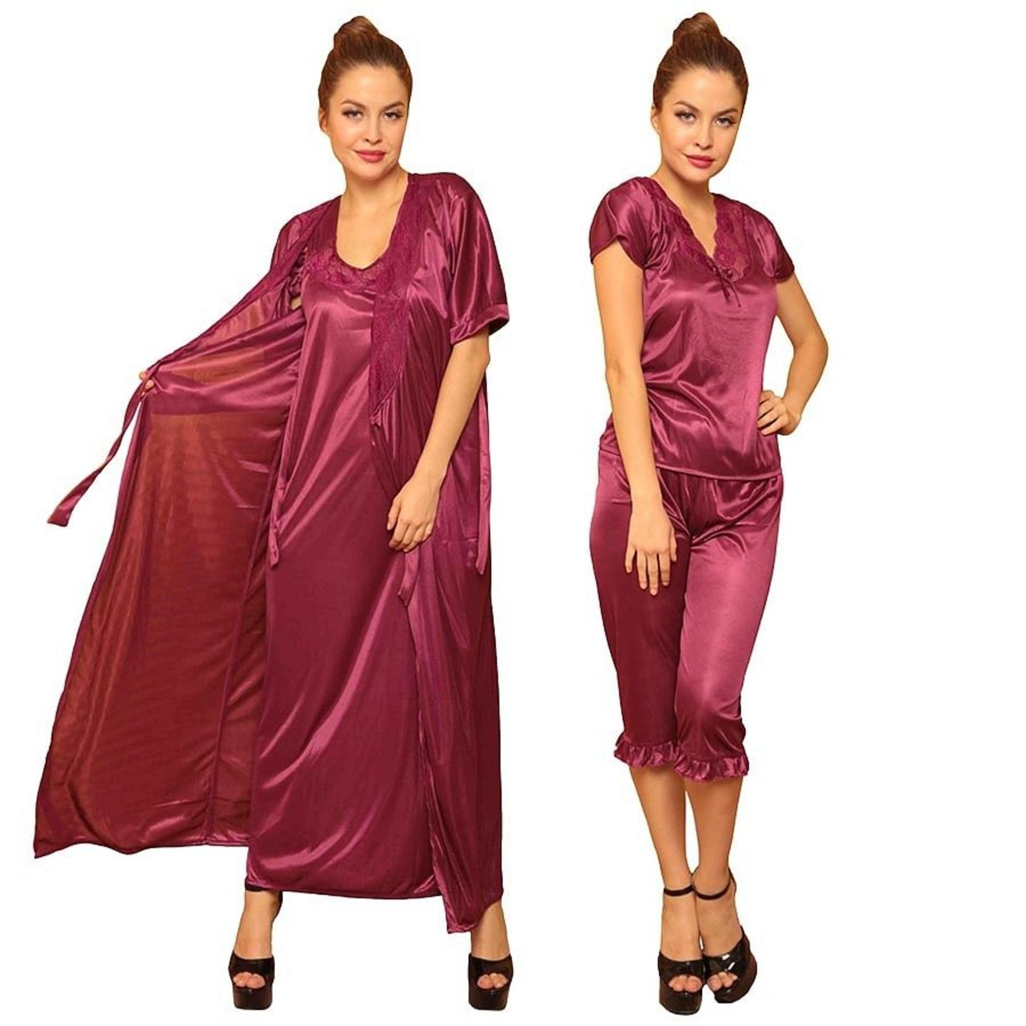 4 Pcs Satin Nightwear In Wine