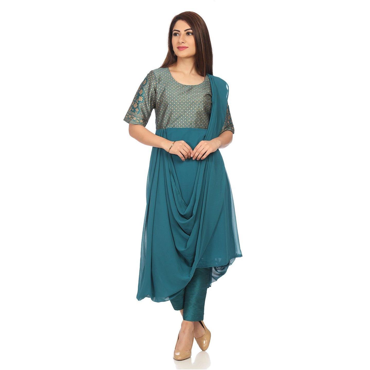 Teal Art Silk Anarkali Suit Set