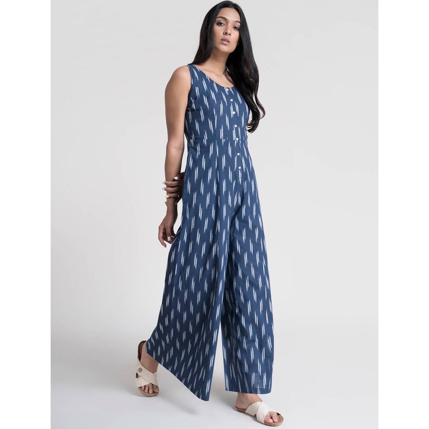 Cotton Ikkat Jumpsuit - Navy Blue