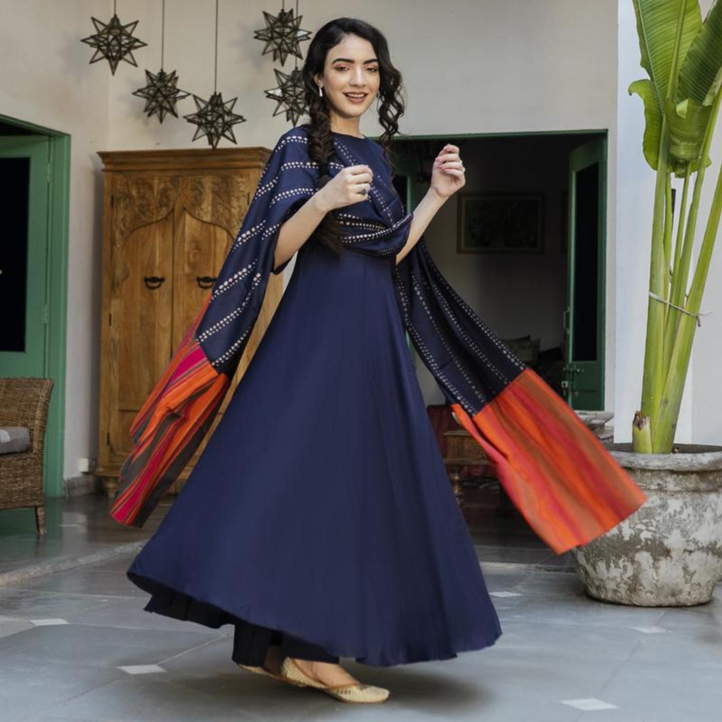 Indigo Flared Kurta Palazzo Set with Multicolour Dupatta