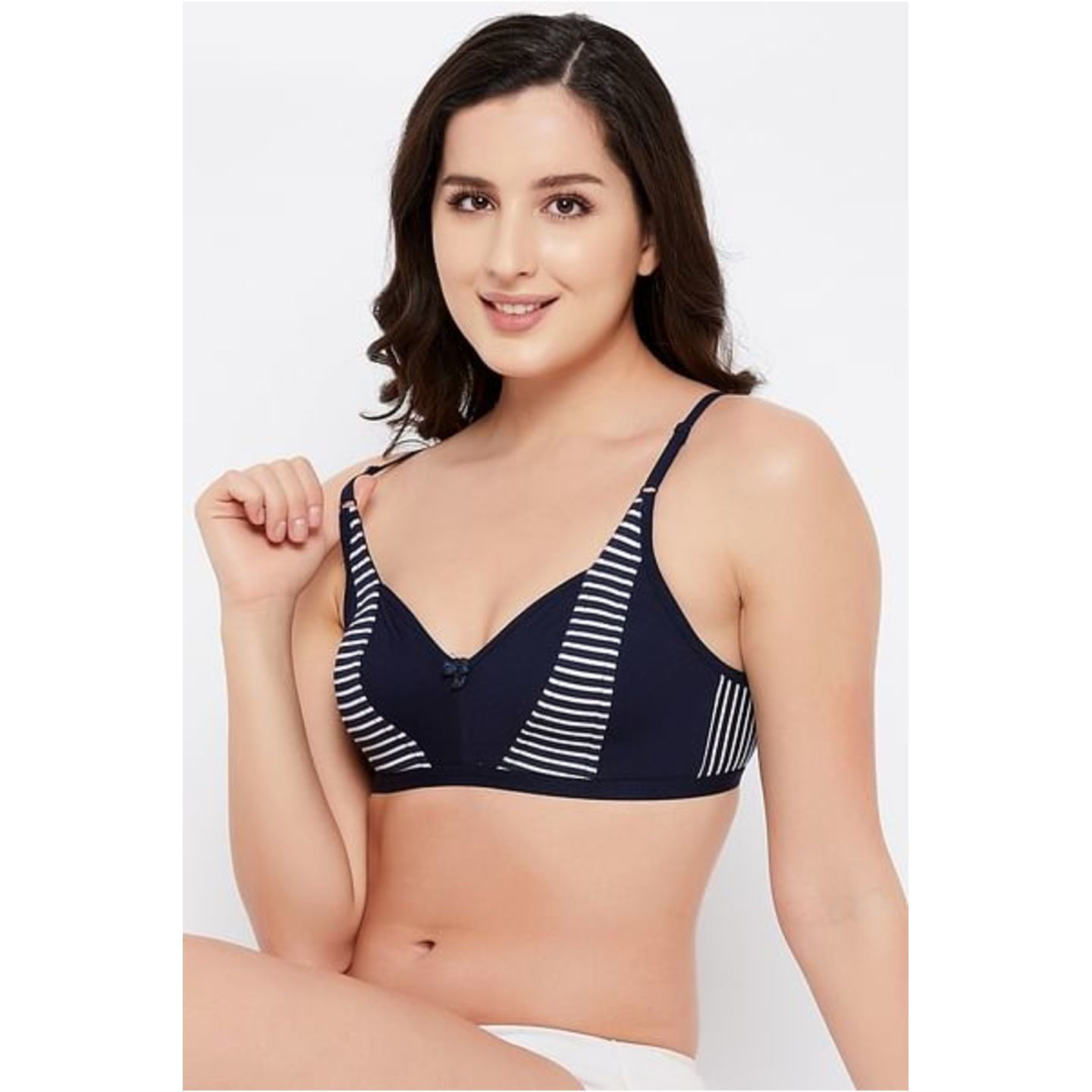 Non-Padded Non-Wired Full Cup Striped Bra in Navy - Cotton