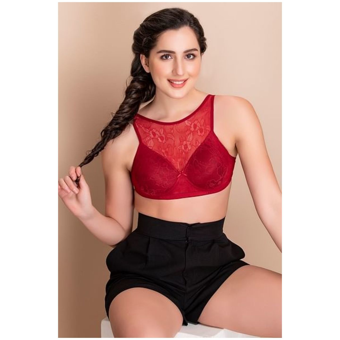 Padded Non-Wired Full Cup Blouse Bra in Maroon - Lace