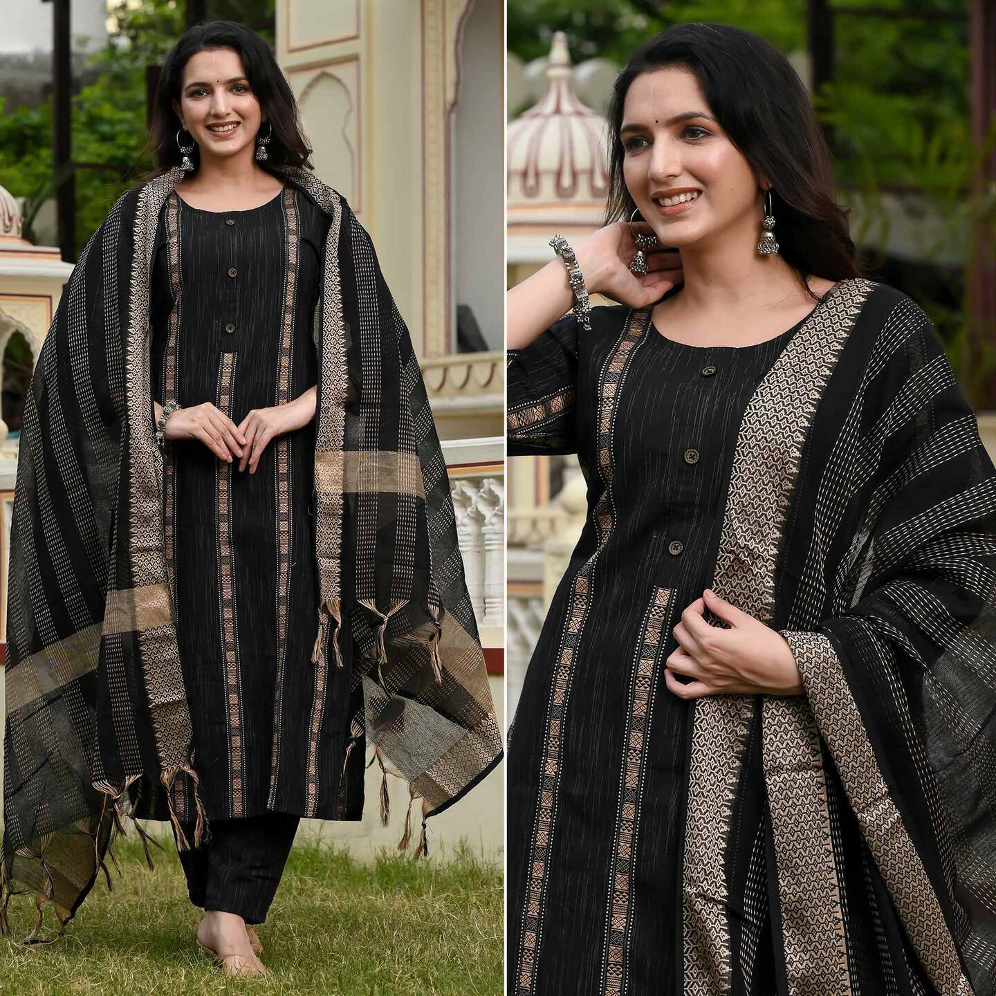 Black Woven Cotton Blend Dress Material-UNSTITCHED